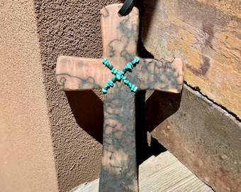 Pit Fired Ceramic Cross, Horse Hair Pottery, Rugged Cross, Wall Hanging Cross with Turquoise Beads, Religious, Christian Art.