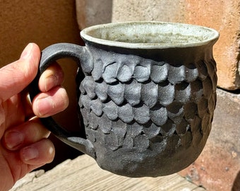 Black and White Pottery Mug, Large Coiled Mug, Wabi Sabi Mug, Minimalist, Primitive Style, Ceramic Coffee Mug, Cynthia McDowell.