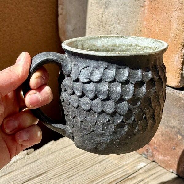 Black and White Pottery Mug, Large Coiled Mug, Wabi Sabi Mug, Minimalist, Primitive Style, Ceramic Coffee Mug, Cynthia McDowell.