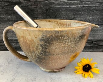 Large Stoneware Mixing Bowl, Wood Fired Bowl with Spout and Handle, Pottery Batter Bowl, Ceramic Kitchen Decor, Shino Ware, Rustic Pottery.