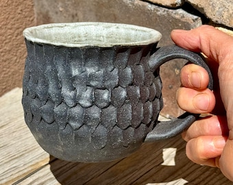 Black and White Pottery Mug, Coiled and Pinched Mug, Wabi Sabi Mug, Minimalist, Primitive Style, Ceramic Coffee Mug, Cynthia McDowell.