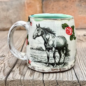 Horse and Roses Pottery Mug, Cowgirl Equine Art Coffee Cup