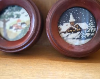 Handmade Needlepoint Wall Art Set, Summer and Winter Petit Point Embroidery, Framed Textile Decor