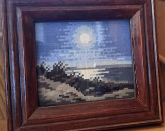 Lake Landscape Embroidery Wall Art, Framed Nature Cross Stitch, Handmade Needlepoint Decor