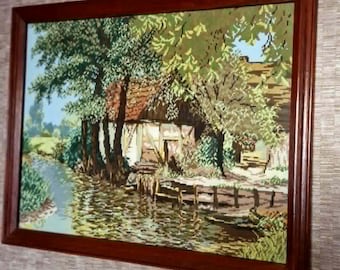 Watermill Embroidery Wall Art, Vintage Landscape Needlepoint, Handmade Countryside Textile Decor