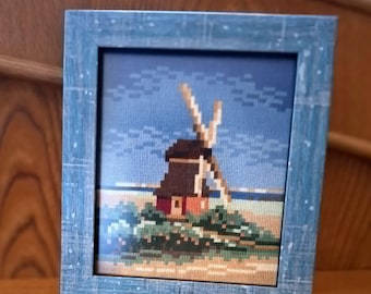 Windmill Embroidery Wall Art, Rustic Country Petit Point Decor, Framed Handmade Textile Art