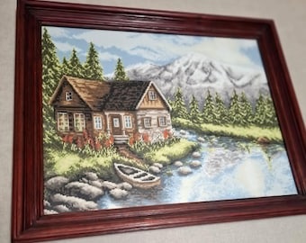 Summer Landscape Embroidery Wall Art, Nature Gobelin Stitch Decor, Handmade Needlepoint Scene