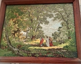 Completed Garden Embroidery Wall Art, Gobelin Stitch Landscape, Framed Needlepoint Decor, Handmade Textile Art
