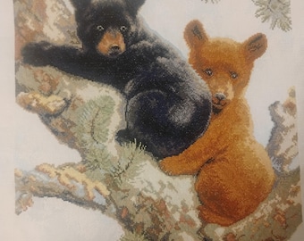 Handmade Bear Cubs Embroidery Tapestry Wall Art,Gobelin stitch | Woodland Textile Hanging