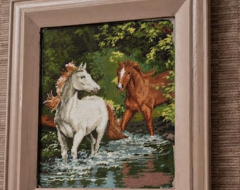 Horse Embroidery Wall Art, River Nature Petit point Decor, Handmade Landscape Textile Art