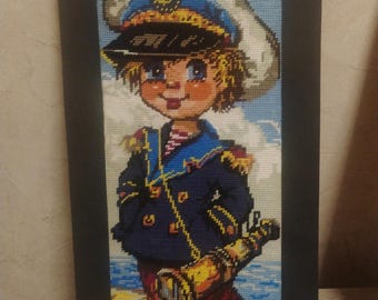 Vintage Wool Needlepoint Sailor Boy Art, Framed Hand-Stitched Textile Decor