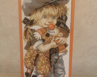 Vintage Wool Needlepoint Girl Teddy Bear Wall Art, Framed Textile Decor