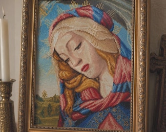 Madonna Embroidery Wall Art, Petit point Portrait, Handmade Needlepoint Decor