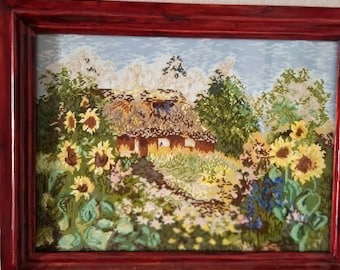 Summer Landscape Embroidery Wall Art, Countryside Gobelin Stitch, Handmade Needlepoint Decor