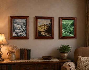 Handmade Set of 3  Castle Embroidery Art – Green, Brown, Grey  Wall Decor