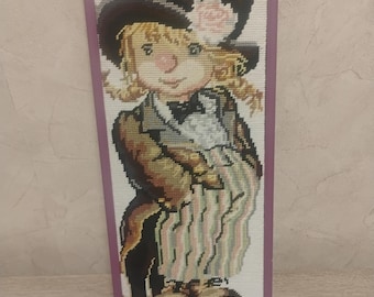 Vintage Wool Needlepoint Girl Portrait Wall Art, Hand Stitched Textile Decor