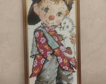 Vintage Wool Needlepoint Girl with Kitten Wall Art, Handmade Needlepoint Decor, Framed Textile Artwork