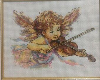 Little Violin Fairy Embroidery Art | Handmade Gobelin Stitch Textile Wall Decor