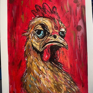Cuadro original Gallo – Inner Roar | Acrílico y POSCA sobre papel 34×44 cm | Obra única firmada con certificado
