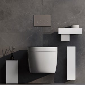 Può includere: Una scena di bagno moderno con un WC bianco, una placca di scarico con due pulsanti circolari, un portarotolo e una scatola rettangolare. Gli elementi sono disposti contro una parete effetto marmo grigio scuro. È presente anche un piccolo diffusore con bastoncini neri.