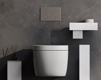 May include: A wall-mounted white toilet with a rectangular flush plate featuring two circular buttons. To the left is a small white pedestal with a reed diffuser. To the right is a white shelf with a roll of paper and a vertical white panel.