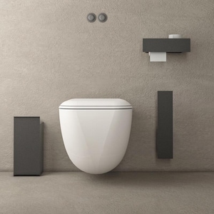 Minimalist Bathroom Storage Set | White & Black Metal Shelves, Tilt-Out Bin, Esco Brush, Stainless Steel Organizer