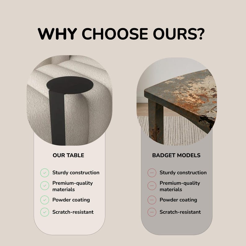 May include: A comparison graphic titled WHY CHOOSE OURS? showing a black metal side table with a circular top next to a list of features including sturdy construction, premium-quality materials, powder coating, and scratch-resistant finish.