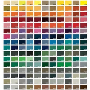 May include: A comprehensive RAL color chart featuring a grid of numerous square color swatches, each labeled with its corresponding four-digit code. The top text reads: 1. Choose RAL color -> 2. Select &ldquo;Custom color&rdquo; -> 3. Enter RAL number in order notes.