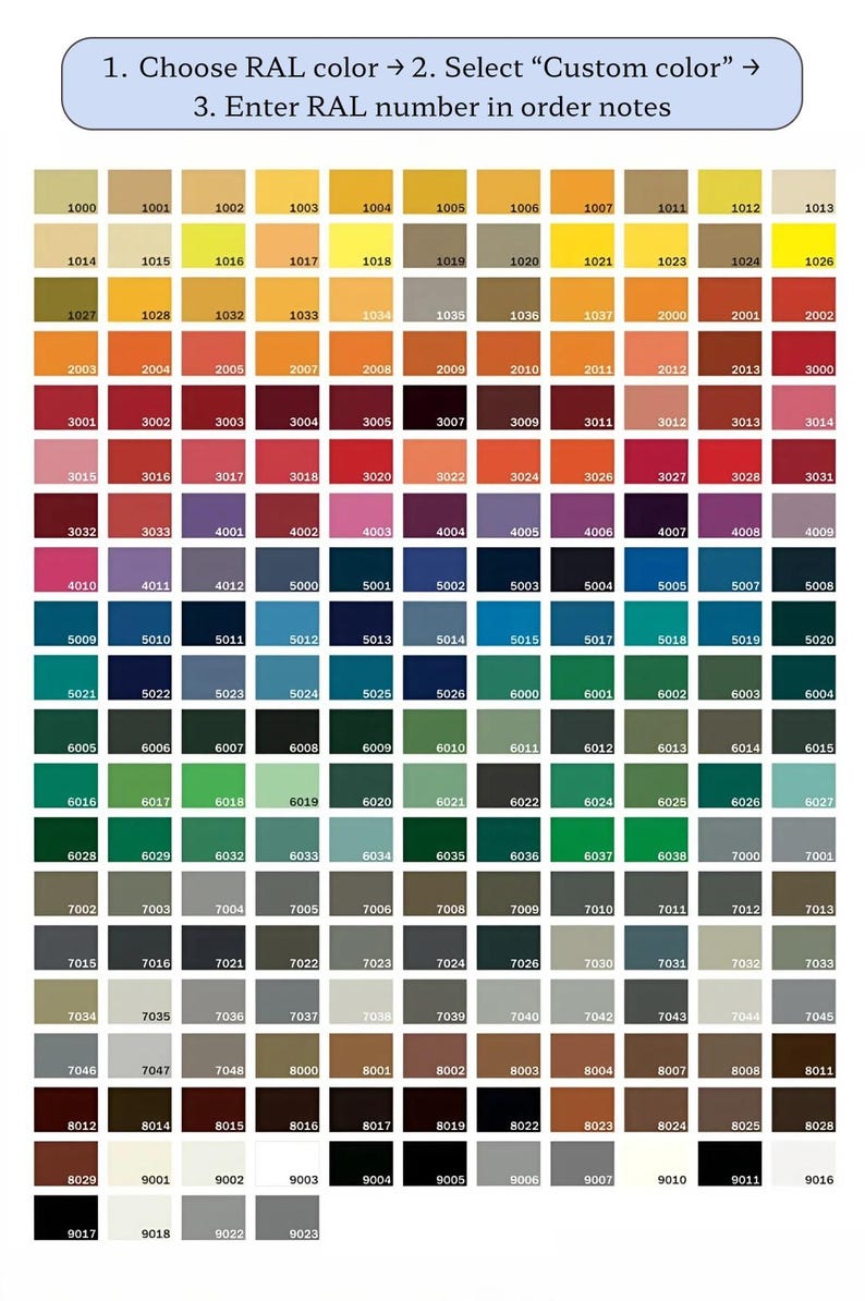May include: A comprehensive RAL color chart featuring a grid of numerous square color swatches, each labeled with its corresponding four-digit code. The top text reads: 1. Choose RAL color -> 2. Select &ldquo;Custom color&rdquo; -> 3. Enter RAL number in order notes.