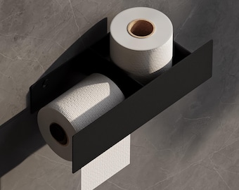 Wall Mounted Toilet Paper Holder with Storage Shelf | Black Metal Bathroom Organizer | Modern Minimalist Design