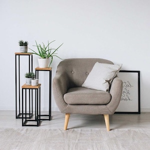 Modern Metal and Wood Plant Stand – Indoor Flower Pot Holder – Minimalist Tall Display – Handmade Ash Wood Top – Custom Colors