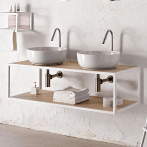 Wall-Mounted Sink Cabinet with Pine Wood Shelf and Metal Frame – 100x50 cm, Black or White Metal Finish, Custom Sink Cutout Available