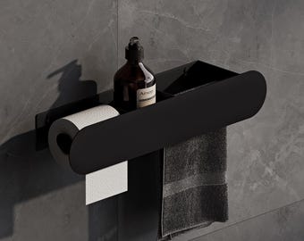 Mensola moderna per bagno con portarotolo, portaoggetti da parete nero, organizer salvaspazio per piccoli bagni, arredamento minimalista per la casa