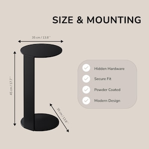 May include: A black powder-coated side table with a circular top and base. Dimensions are 13.8 inches wide and 17.7 inches high. Text includes SIZE & MOUNTING, Hidden Hardware, Secure Fit, Powder Coated, and Modern Design.