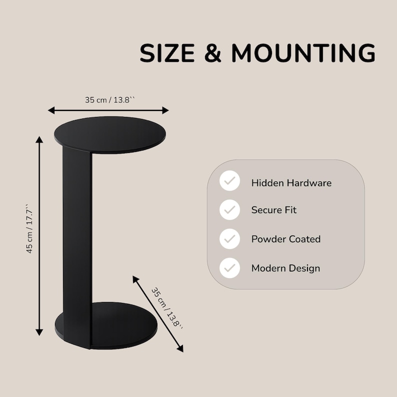 May include: A black powder-coated side table with a circular top and base. Dimensions are 13.8 inches wide and 17.7 inches high. Text includes SIZE & MOUNTING, Hidden Hardware, Secure Fit, Powder Coated, and Modern Design.