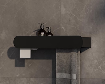 Modern Metal Towel Rack | Bathroom Shelf with Toilet Paper Holder | Floating Wall Organizer | Black & White Powder-Coated Steel