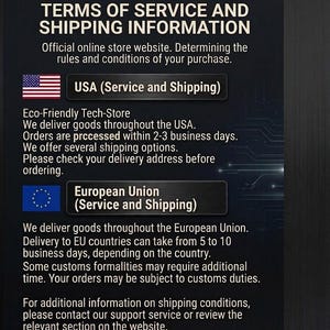 May include: A black informational sign with white text titled TERMS OF SERVICE AND SHIPPING INFORMATION. It includes sections for the USA and European Union, featuring their respective flags and details regarding order processing and delivery timelines.