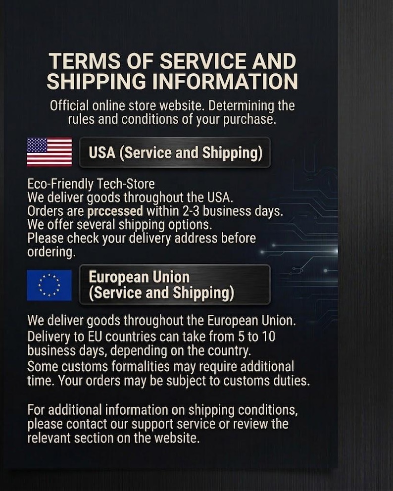 May include: A black informational sign with white text titled TERMS OF SERVICE AND SHIPPING INFORMATION. It includes sections for the USA and European Union, featuring their respective flags and details regarding order processing and delivery timelines.