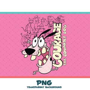 Puede incluir: Gráfico rosa con Coraje, el perro cobarde, con la boca abierta, rodeado de personajes de dibujos animados. El texto "COURAGE THE COWARDLY DOG" se muestra verticalmente. La parte inferior de la imagen tiene el texto "PNG TRANSPARENT BACKGROUND".