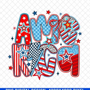 PNG colorido da América, clipart de letras patrióticas, sublimação de 4 de julho, arquivo digital vermelho, branco e azul, gráfico retrô dos EUA