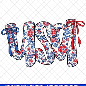 Floral EUA PNG, sublimação de laço vermelho, branco e azul, gráfico retrô patriótico, clipart de 4 de julho, arquivo digital do Dia da Independência