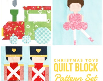 Set of 3 Christmas Quilt Block Patterns: Ballerina, Train Engine, and Toy Soldiers Instructions for 6" and 12" blocks 15% Savings