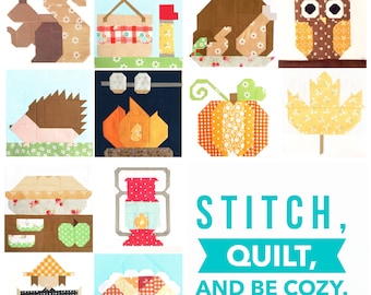 May include: A collection of 12 colorful patchwork quilt blocks featuring autumnal themes like a squirrel, owl, pumpkin, campfire, and a scarecrow. The text "Stitch, Quilt, and Be Cozy." is displayed below the blocks.