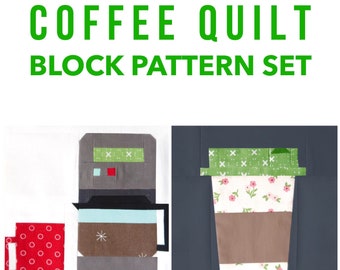Set van 2 koffiezetapparaat en koffiekopje Quiltblokpatronen Instructies voor blokken van 6 inch en 12 inch 15% besparing