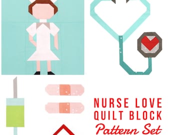 Nurse Quilt Block Pattern Set: Nurse, First Aid, and Stethoscope- Includes Instructions for 6&quot; and 12&quot; blocks 15% Savings