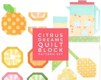 Set of 4 Citrus Quilt Block Patterns - Oranges, Lemons, Lemonade, and Citrus Slices Instructions for 6 & 12 inch blocks 15% Savings