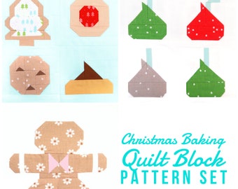 Op de afbeelding: Een set met kerstbak-patchwork-blokpatronen met een peperkoekman, een kerstboom, een koekje, een snoepstok en een chocolade reep. De patronen zijn gedrukt op een witte achtergrond met de tekst "Christmas Baking Quilt Block Pattern Set" in turquoise.