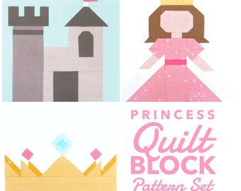 Princess Quilt Block Pattern Set: Princess, Crown, and Castle- Includes Instructions for 6" and 12" blocks 15% Savings