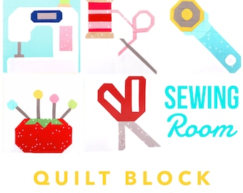 Set med 5 mönster för quiltblock - symaskin, sax, roterande kniv, nåldyna, tråd: för 6 och 12 tums block 15 % rabatt
