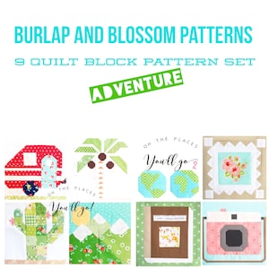 Set of 9 Quilt Block Patterns: Camper Cactus Palm Tree Mountains Camera Stamp Book Globes 6 inch and 12 inch blocks 25% Savings